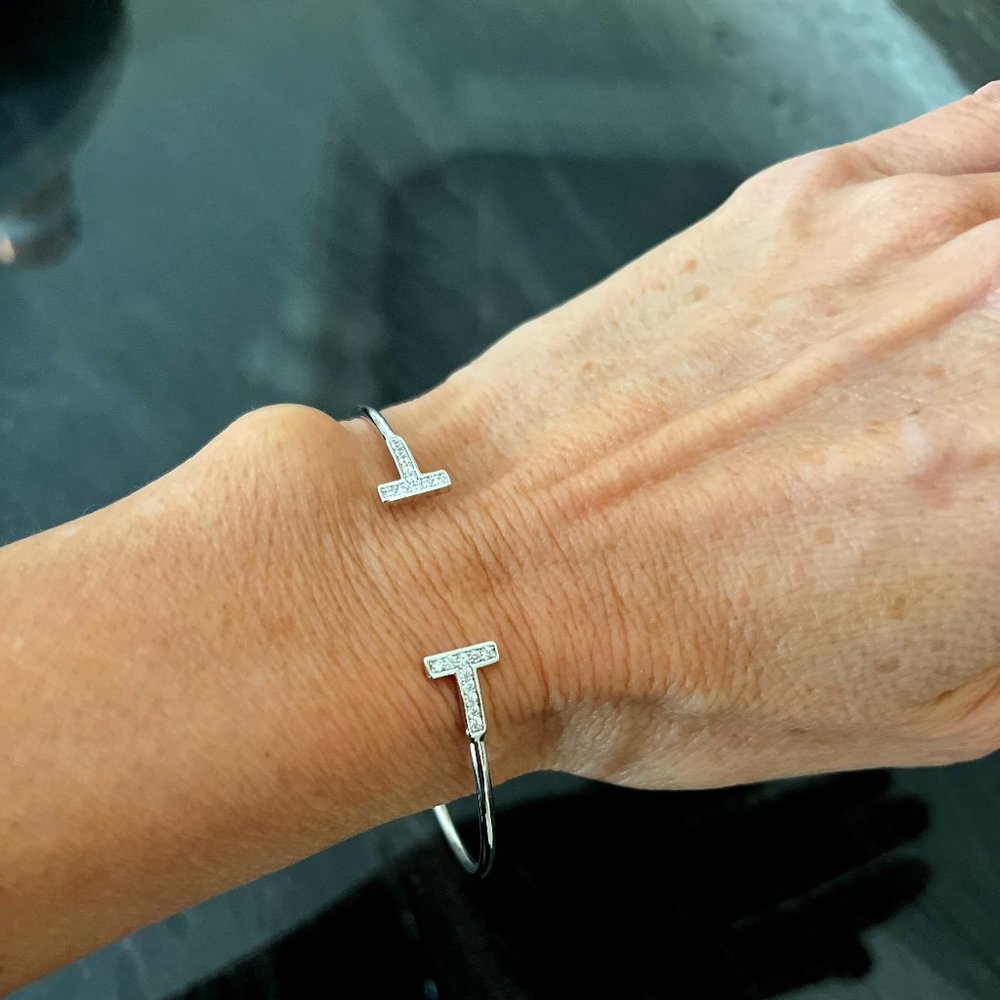 T Bangle Silver Tone Dainty Crystal Bracelet - NWOT